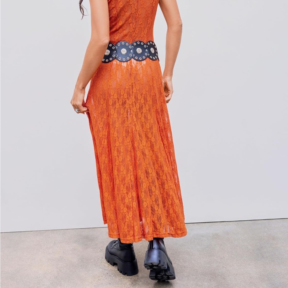 🧡Brand New SEXY Burnt Orange Lace Sheer V Neck Dress🧡 - Picture 3 of 4